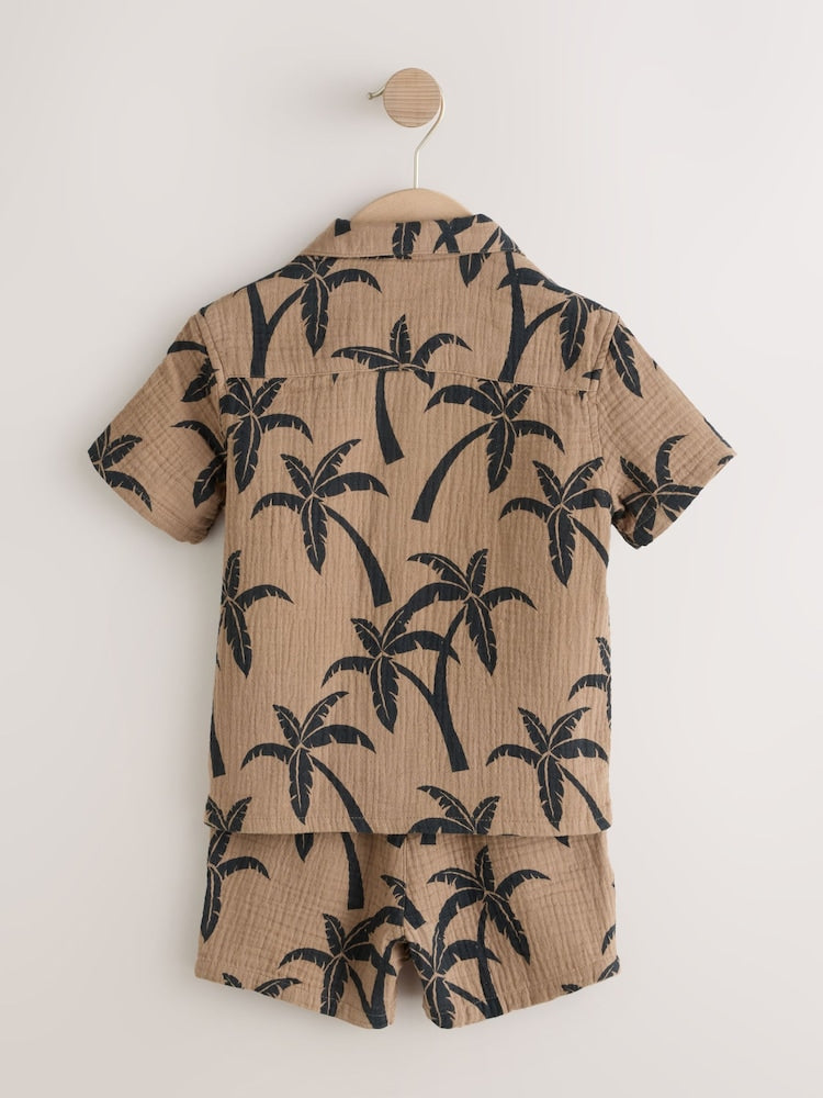 Brown All over Print Palm Short Sleeve Double Cloth Shirt & Shorts Set (3mths-10yrs)