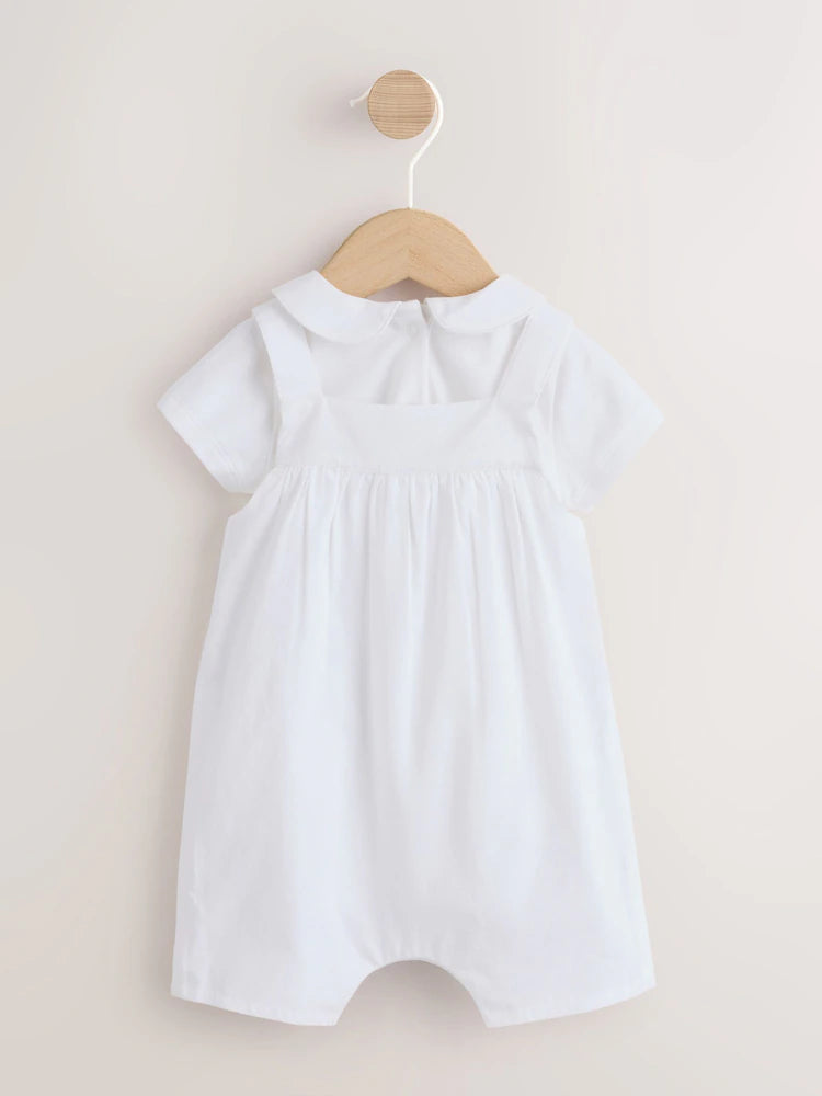 White Embroidered Bear Woven Dungaree and Bodysuit Baby Set (0mths-3yrs)