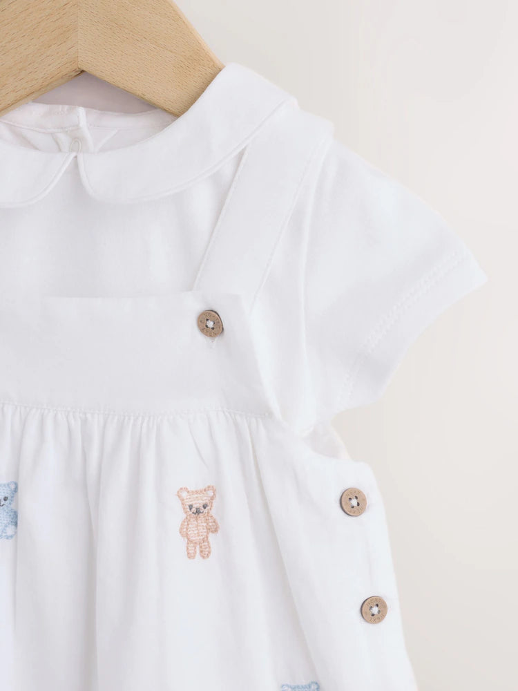White Embroidered Bear Woven Dungaree and Bodysuit Baby Set (0mths-3yrs)