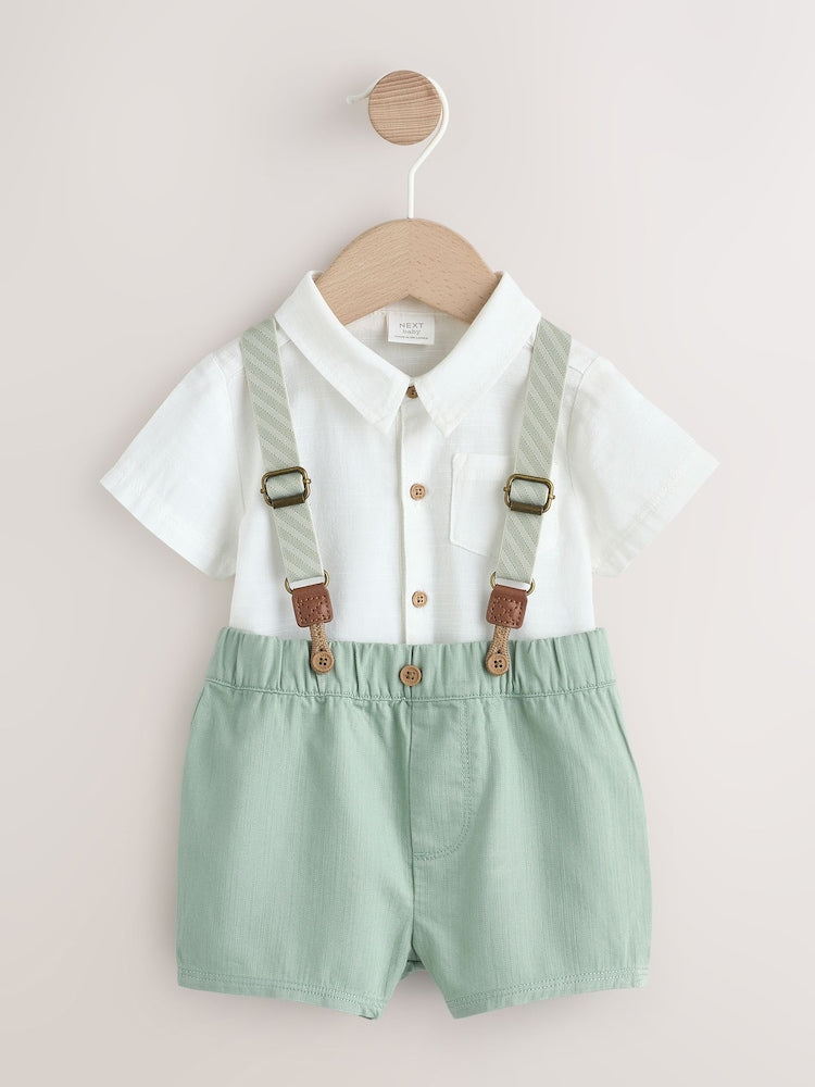 Sage Green Shirt Body Shorts and Braces Baby Set 3 Piece (0mths-2yrs)