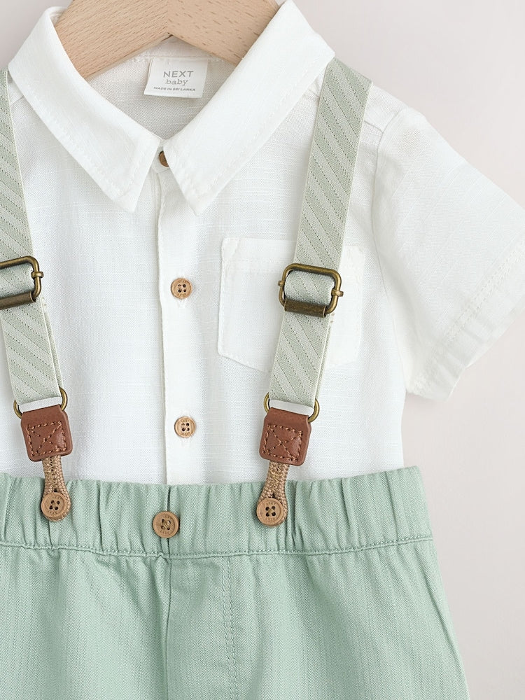 Sage Green Shirt Body Shorts and Braces Baby Set 3 Piece (0mths-2yrs)