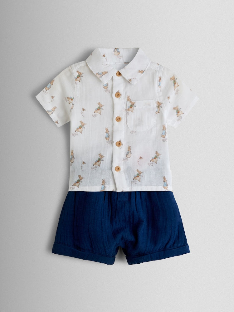 JoJo Maman Bébé Navy Peter Rabbit™ 2-Piece Shirt & Shorts Set - Size Up To 3 Months (50 - 62cm)