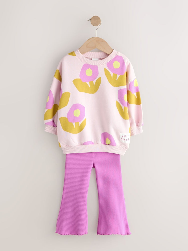 Light Pink Flowers Crew Neck Sweatshirt and Flare Leggings Set (3mths-7yrs)