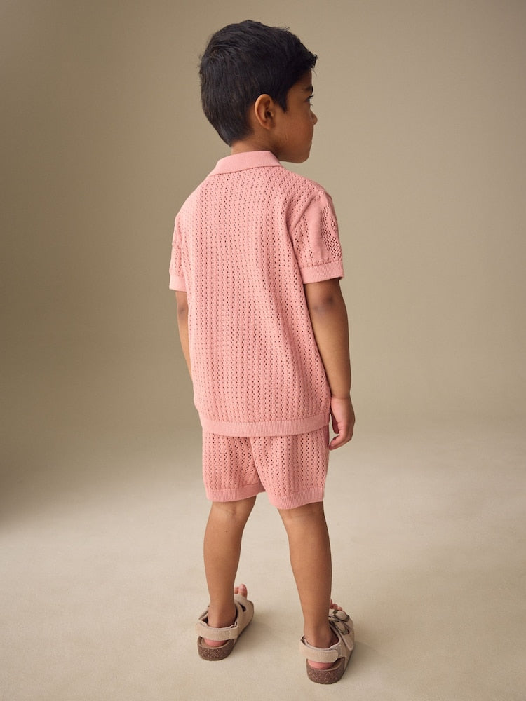 Dusky Pink Textured Knitted Polo Shirt and Shorts Set (3mths-10yrs)