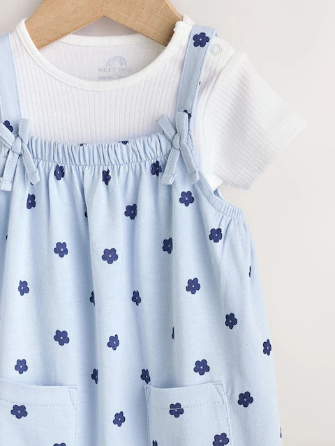Blue Floral Baby Jersey Dungarees and Bodysuits Set 2 Piece (0mths-3yrs)