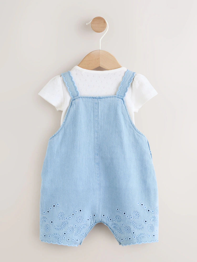 Denim Blue Broiderie Dungaree and Bodysuit Baby 2 Piece Set (0mths-3yrs)