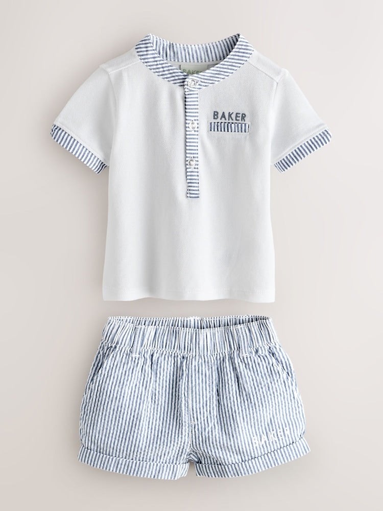 Baker by Ted Baker Grandad Collar White/Blue Shirt and Stripe Shorts Set