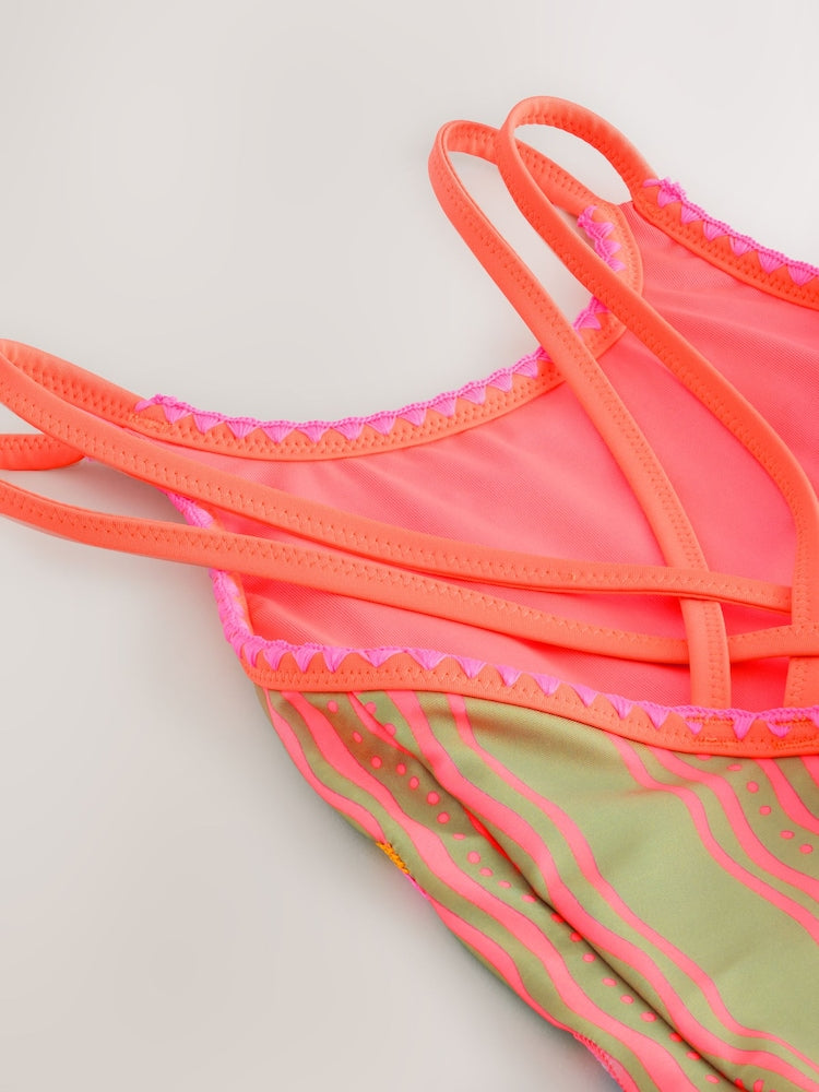 Orange Floral Embroidered Double Strap Swimsuit (3-16yrs)