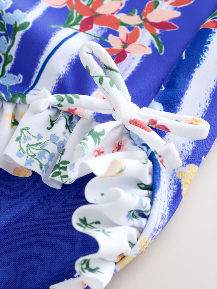 Blue Floral Stripe Ruffle Swimsuit (3-16yrs)