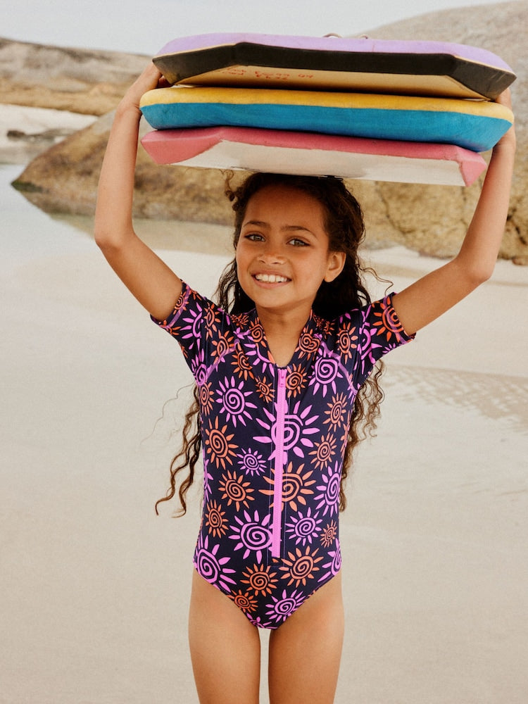 Black/Pink Sun Short Sleeved Sunsafe Swimsuit (3mths-16yrs)