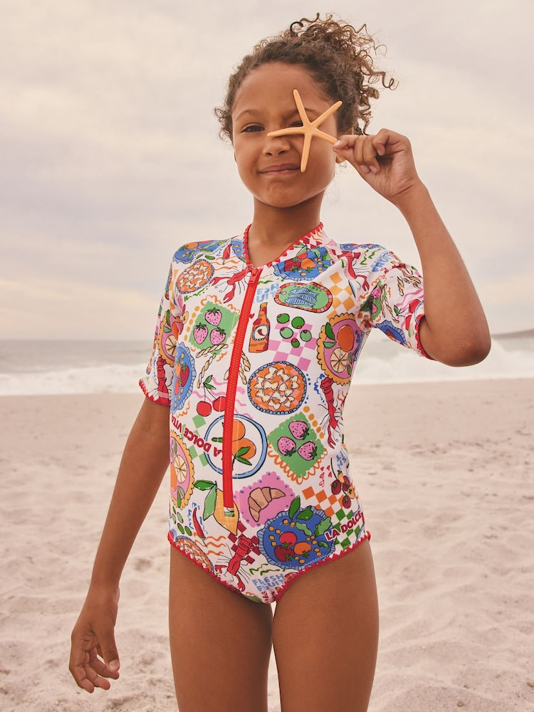 Multi Picnic Scene Short Sleeved Sunsafe Swimsuit (3mths-16yrs) - Size 3 Years (98cm) - Multi Picnic Scene