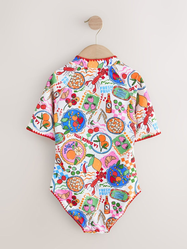 Multi Picnic Scene Short Sleeved Sunsafe Swimsuit (3mths-16yrs) - Size 3 Years (98cm)