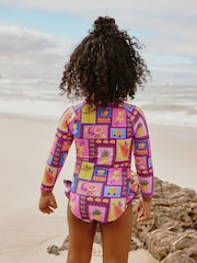 Purple/Orange Tropical Sunsafe Long Sleeve Swimsuit (3mths-7yrs) - Size 3-6 Months (62-68cm)