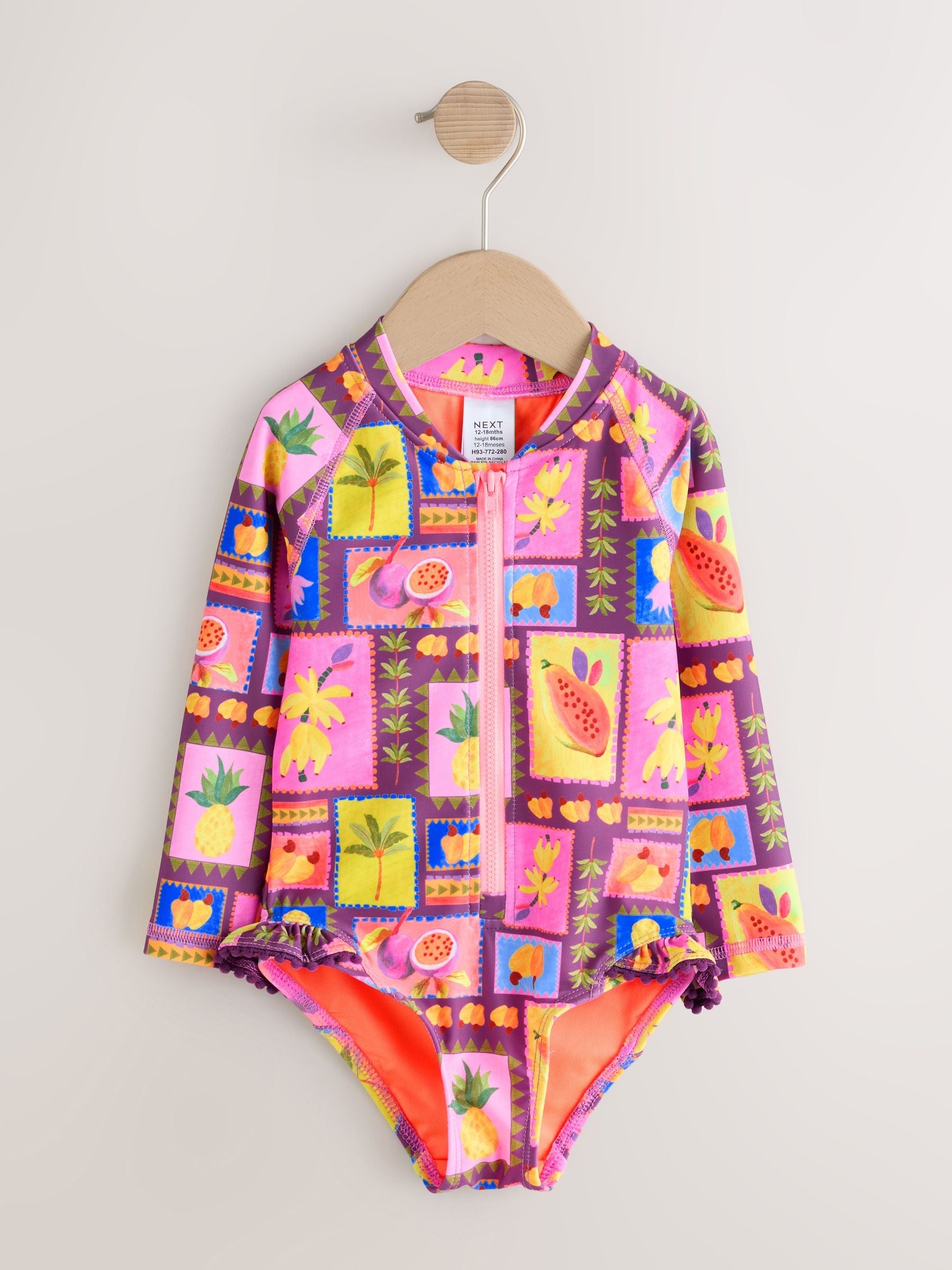 Purple/Orange Tropical Sunsafe Long Sleeve Swimsuit (3mths-7yrs) - Size 3-6 Months (62-68cm)
