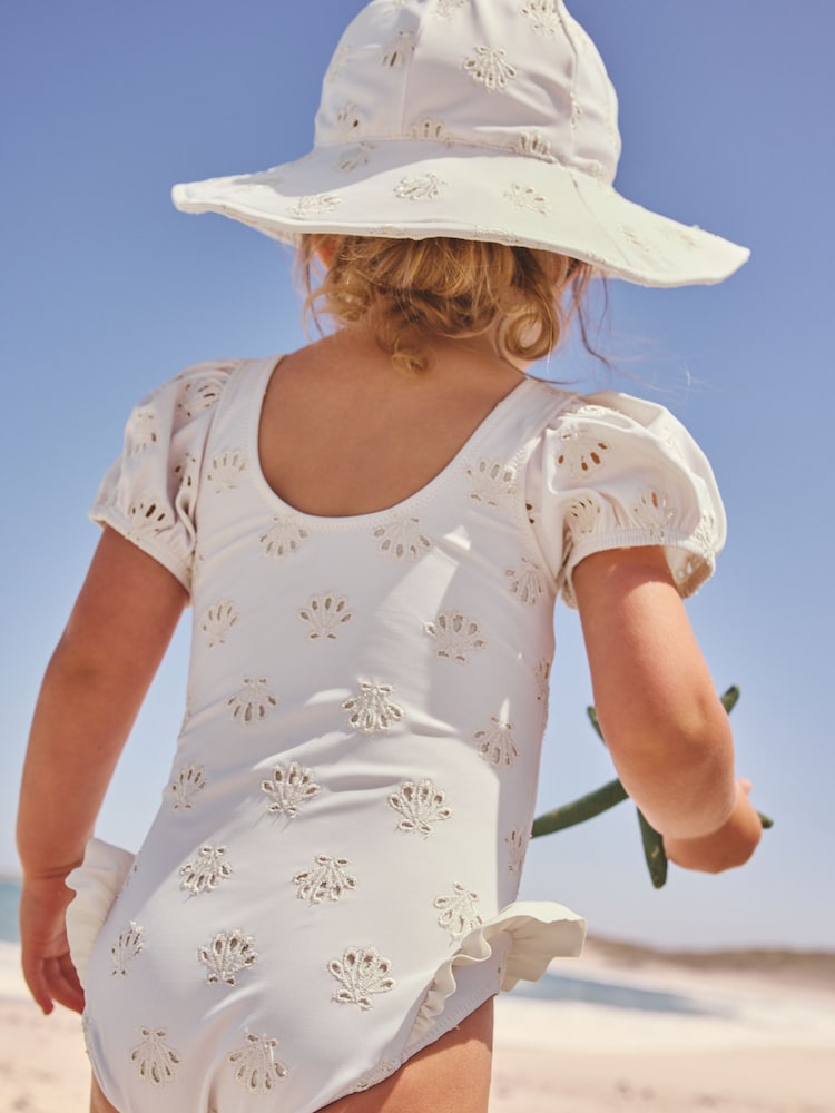 White Embriodered Puff Sleeve Swimsuit (3mths-7yrs) - Size 3-6 Months (62-68cm)