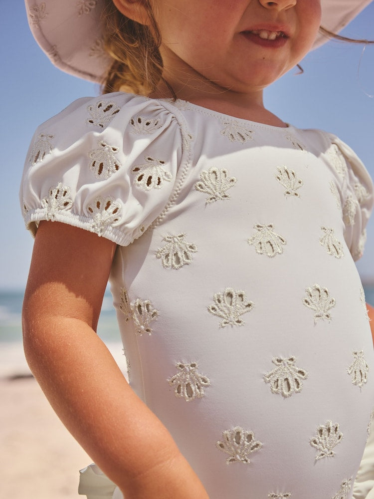 White Embriodered Puff Sleeve Swimsuit (3mths-7yrs) - Size 3-6 Months (62-68cm)