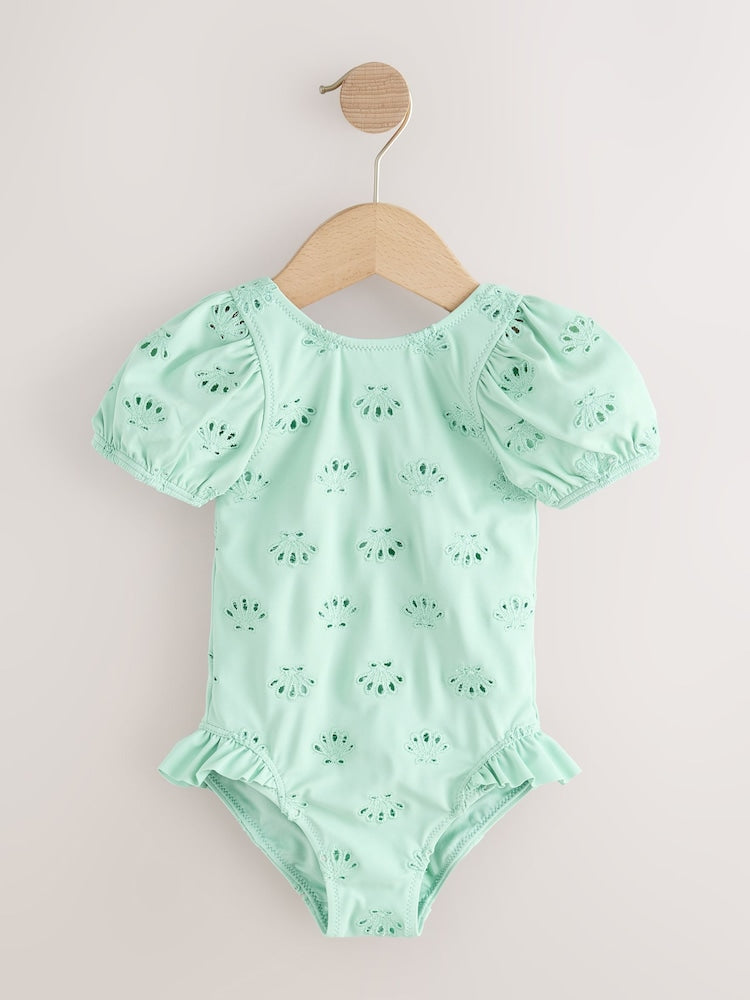 Sage Green Embroidered Puff Sleeve Swimsuit (3mths-7yrs)