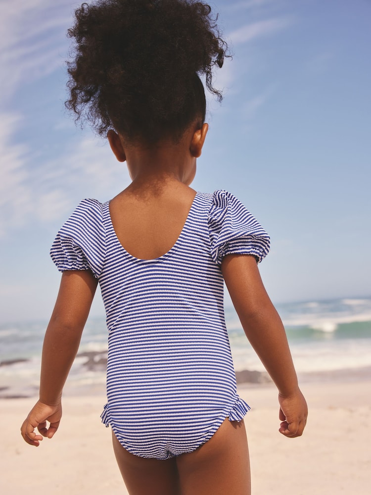 Navy Blue Cherry Stripe Puff Sleeve Swimsuit (3mths-7yrs)