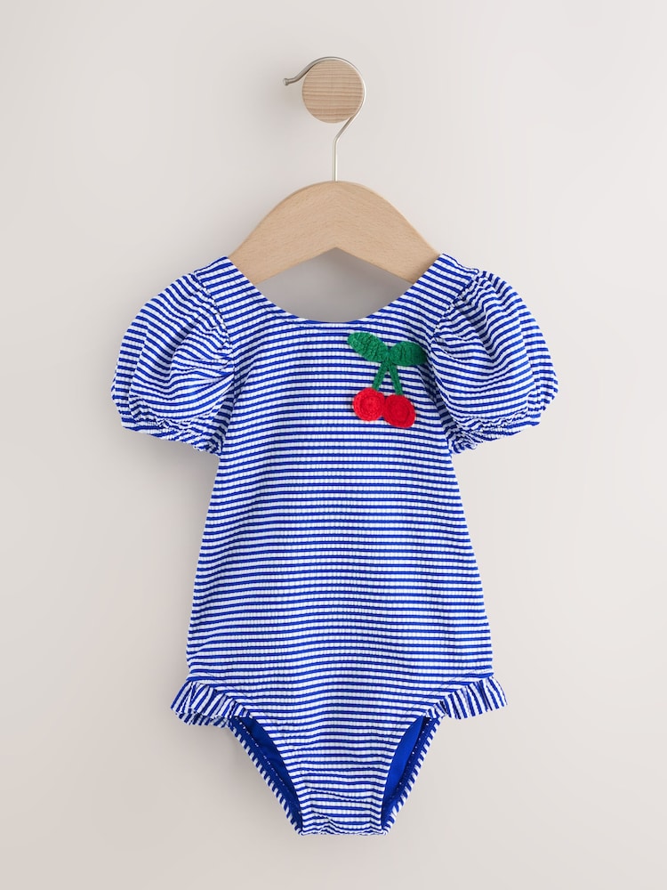 Navy Blue Cherry Stripe Puff Sleeve Swimsuit (3mths-7yrs)