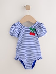 Navy Blue Cherry Stripe Puff Sleeve Swimsuit (3mths-7yrs) - Size 3-6 Months (62-68cm)