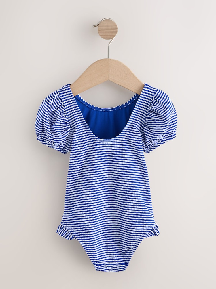 Navy Blue Cherry Stripe Puff Sleeve Swimsuit (3mths-7yrs)