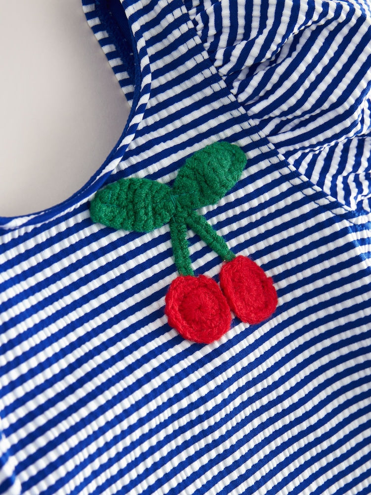 Navy Blue Cherry Stripe Puff Sleeve Swimsuit (3mths-7yrs)