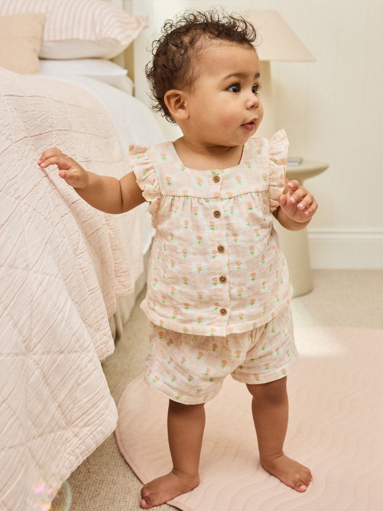 Ecru Pink Floral Woven Baby Top and Shorts Set 2 Piece (0mths-2yrs)