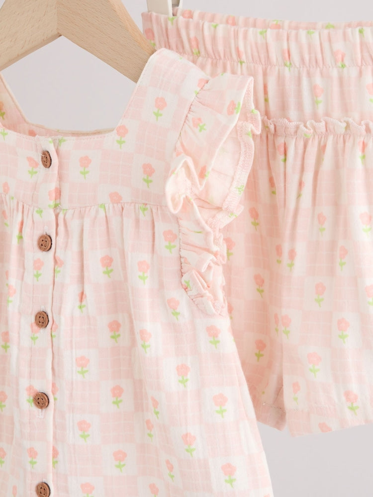 Ecru Pink Floral Woven Baby Top and Shorts Set 2 Piece (0mths-2yrs)