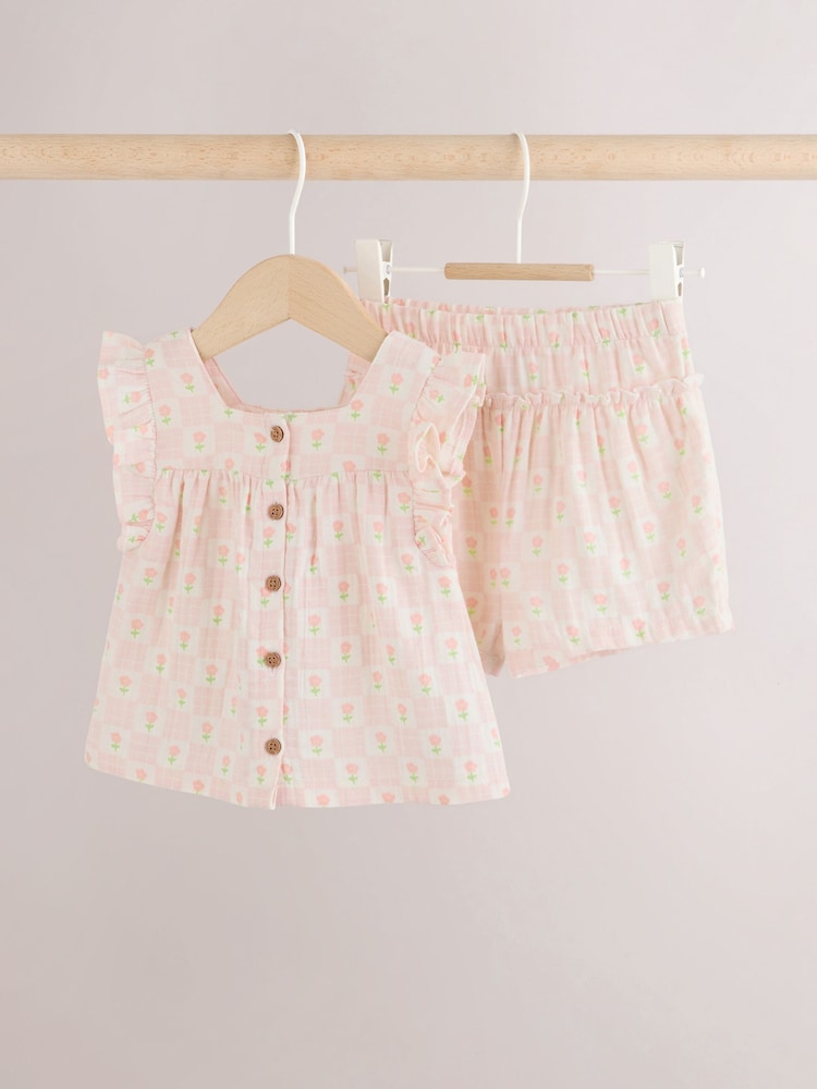 Ecru Pink Floral Woven Baby Top and Shorts Set 2 Piece (0mths-2yrs)