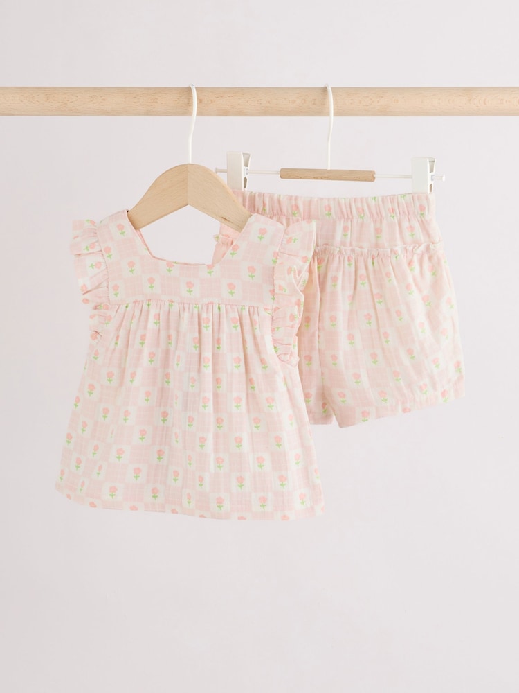 Ecru Pink Floral Woven Baby Top and Shorts Set 2 Piece (0mths-2yrs)