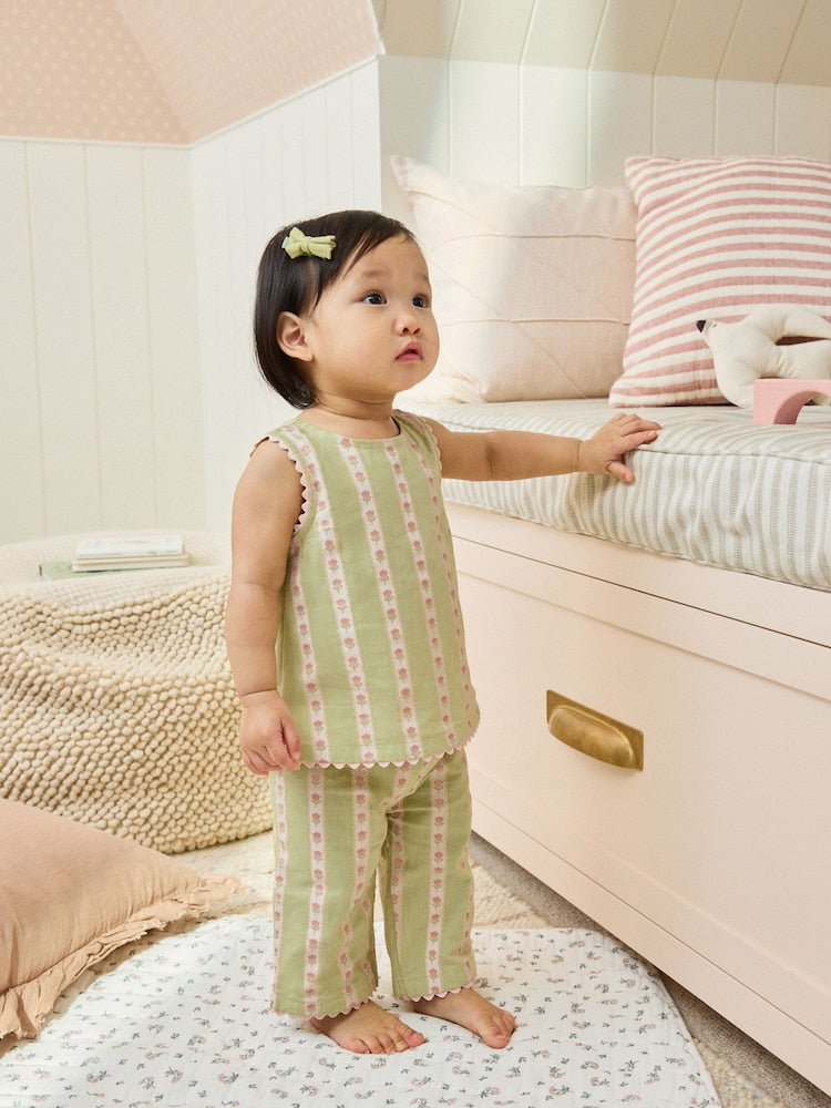 Green Floral Stripe Baby Woven Top and Trousers Set 2 Piece (0mths-2yrs)