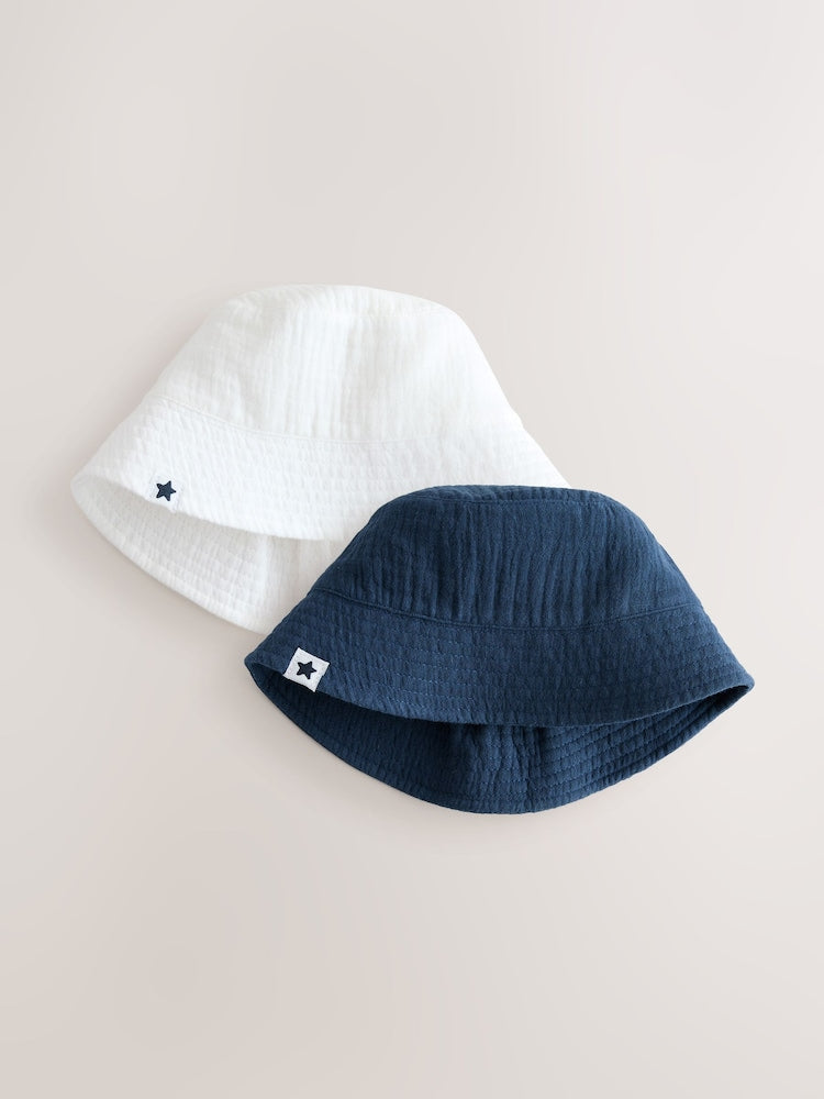 White and Blue Woven Baby Bucket Hats 2 Pack - Size 50cm (First Size) - White and Blue Woven