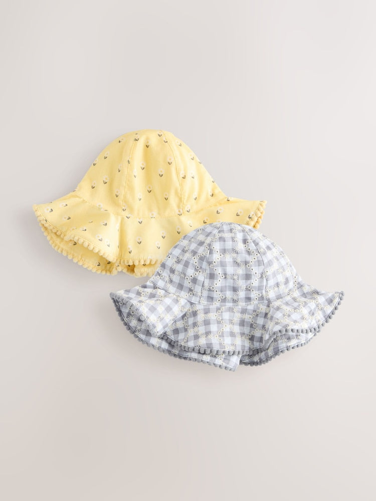 Yellow Floral Broderie and Grey Gingham Baby Bucket Hats 2 Pack (0mths-2yrs) - Up To 3 Months (50 - 62cm)