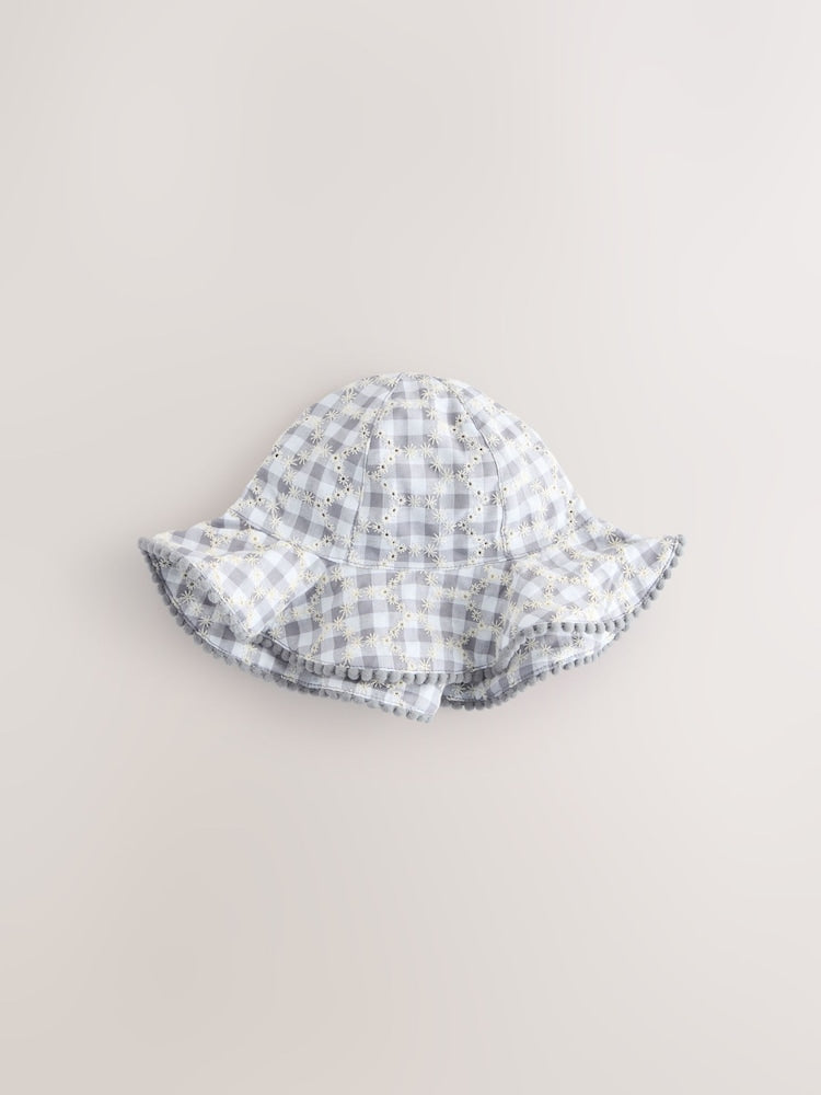 Yellow Floral Broderie and Grey Gingham Baby Bucket Hats 2 Pack