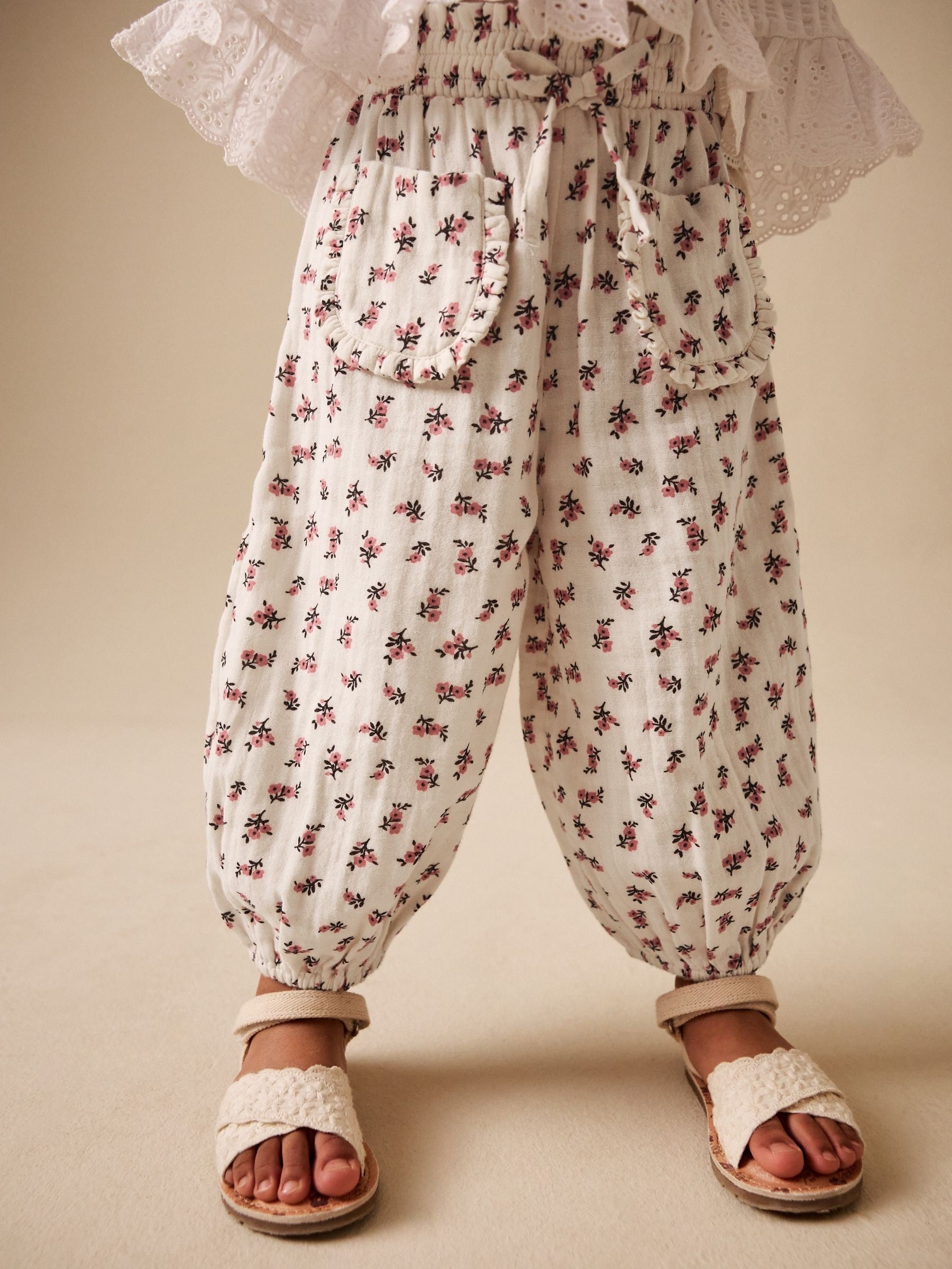 Cream/Pink Floral Ditsy Pull On Trousers (3mths-7yrs)