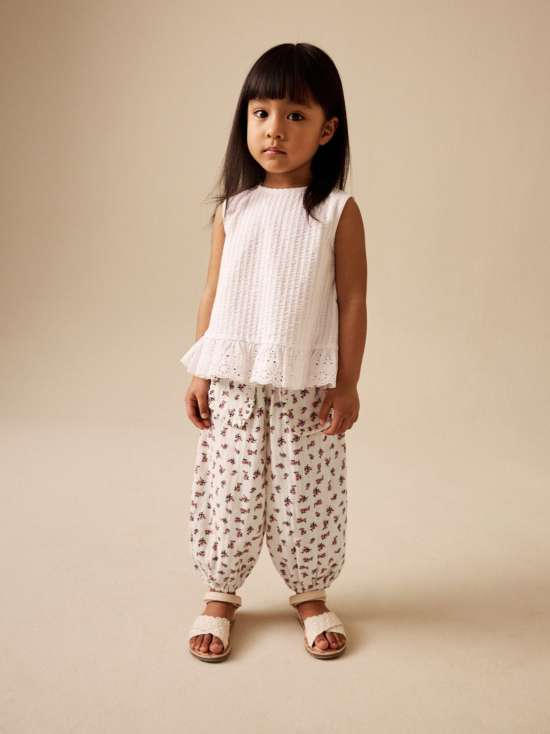 Cream/Pink Floral Ditsy Pull On Trousers (3mths-7yrs) - Size 3-6 Months (62-68cm)