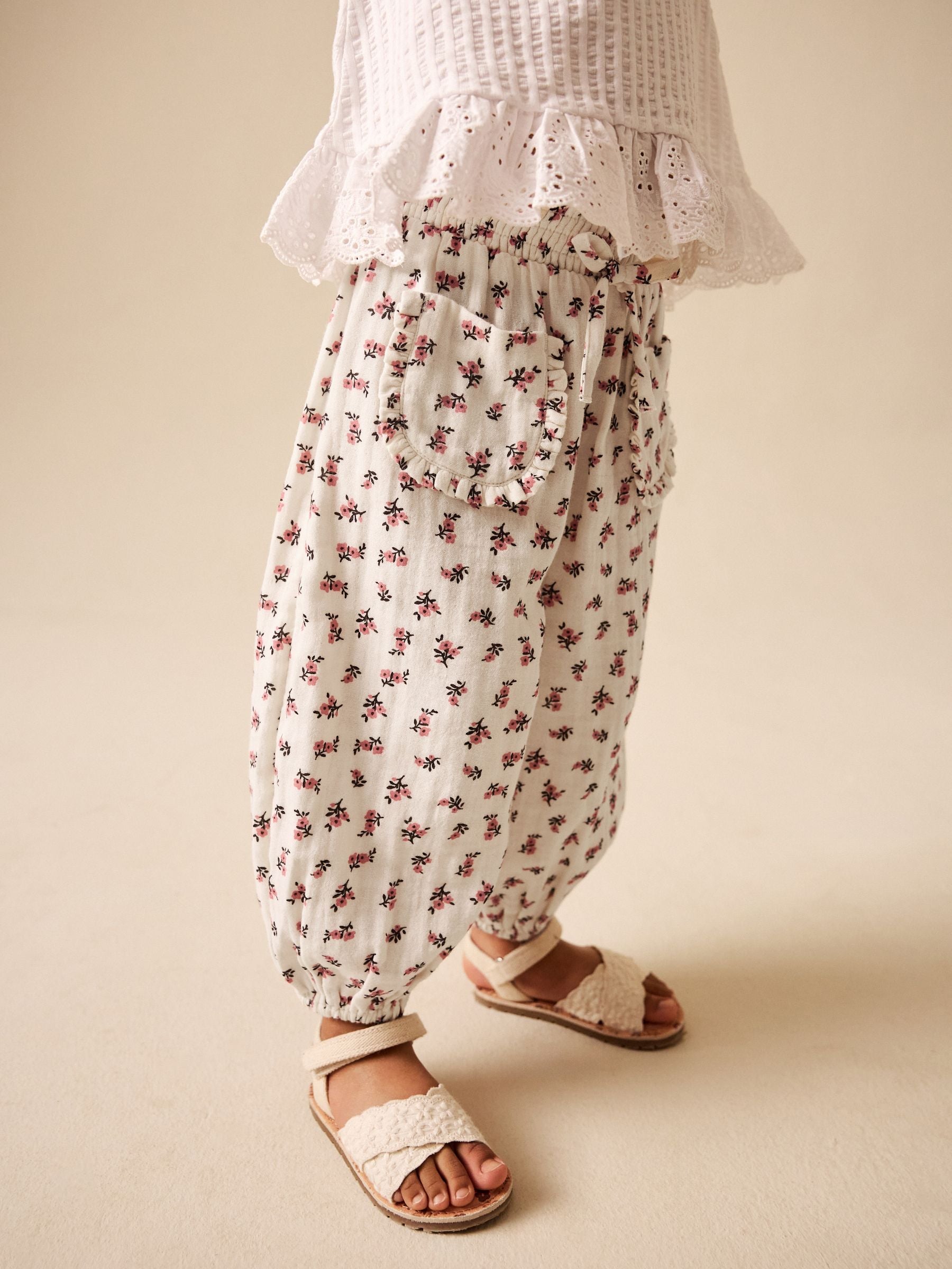 Cream/Pink Floral Ditsy Pull On Trousers (3mths-7yrs)