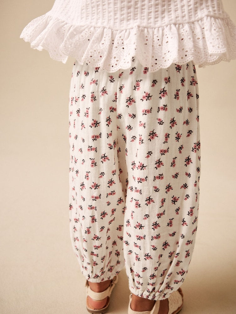Cream/Pink Floral Ditsy Pull On Trousers (3mths-7yrs)