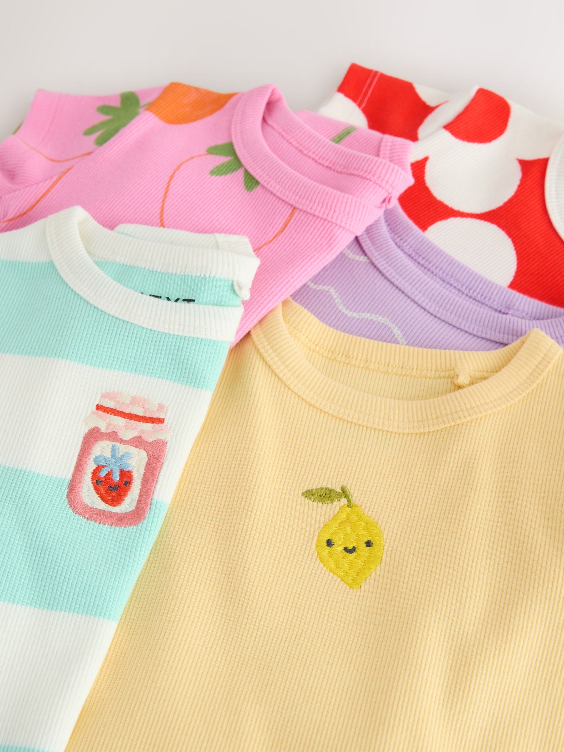 Bright Fruit Ribbed Short Sleeve Tops 5 Pack (3mths-7yrs) - Size 3-6 Months (62-68cm)