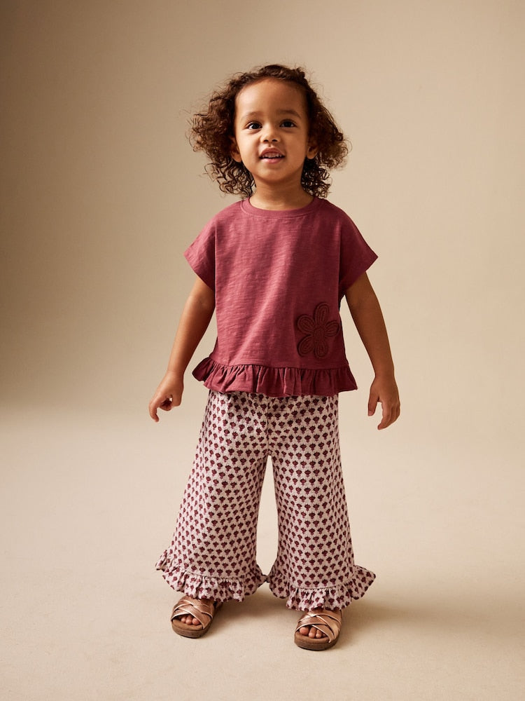 Red/Brown Flower Wide Leg Trousers Set (3mths-7yrs)