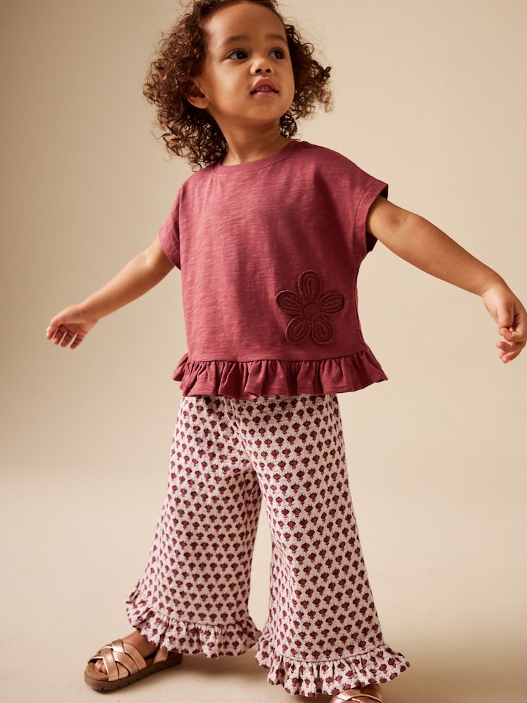 Red/Brown Flower Wide Leg Trousers Set (3mths-7yrs)