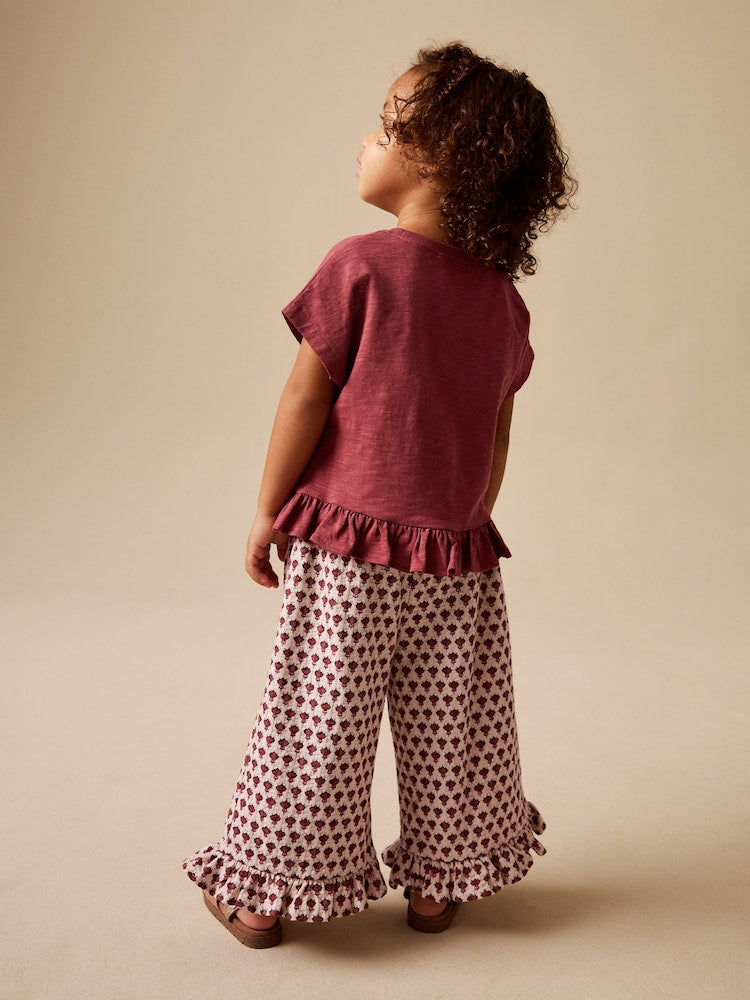 Red/Brown Flower Wide Leg Trousers Set (3mths-7yrs)