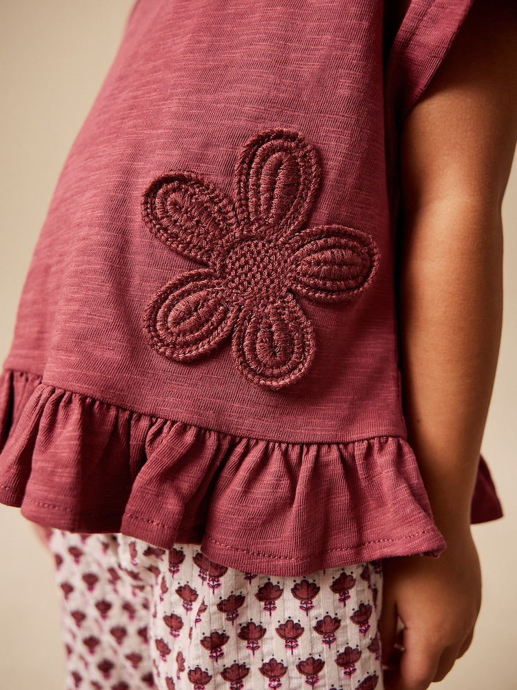 Red/Brown Flower Wide Leg Trousers Set (3mths-7yrs)