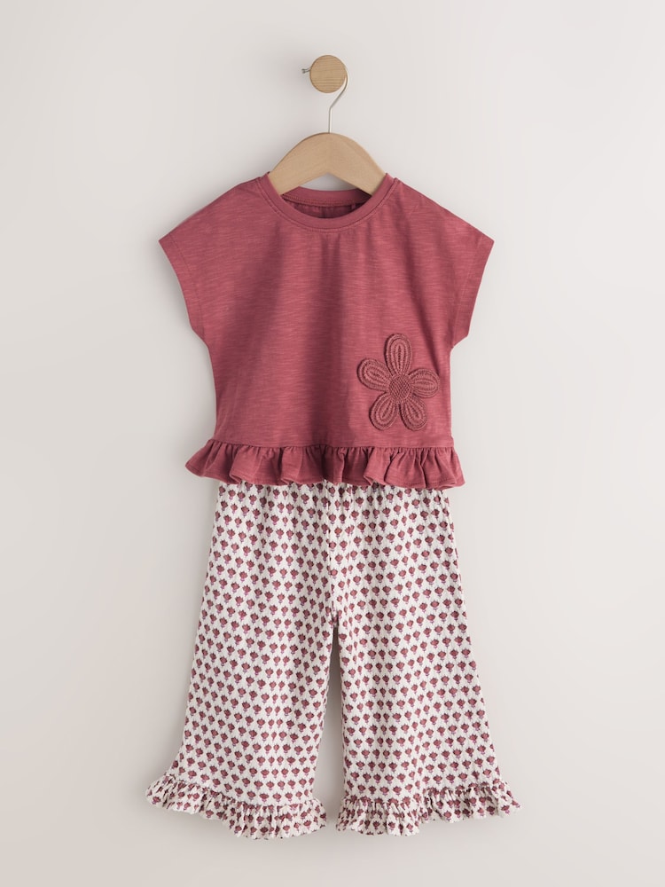 Red/Brown Flower Wide Leg Trousers Set (3mths-7yrs)