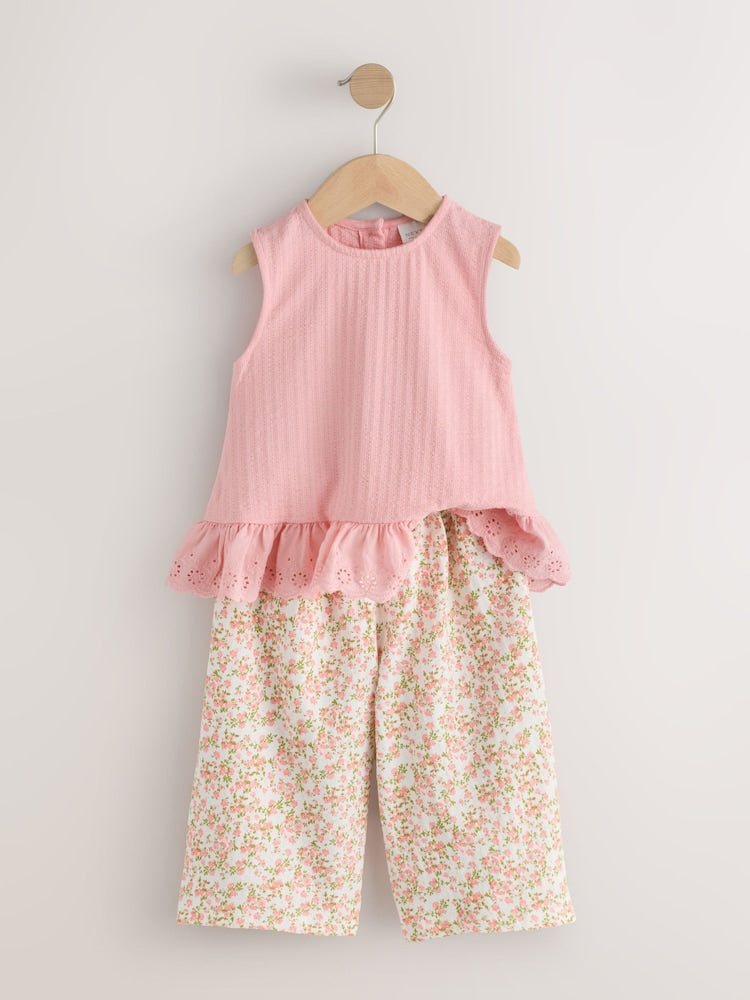 Pink Flower Broiderie Vest and Wide Trousers Set (3mths-7yrs)