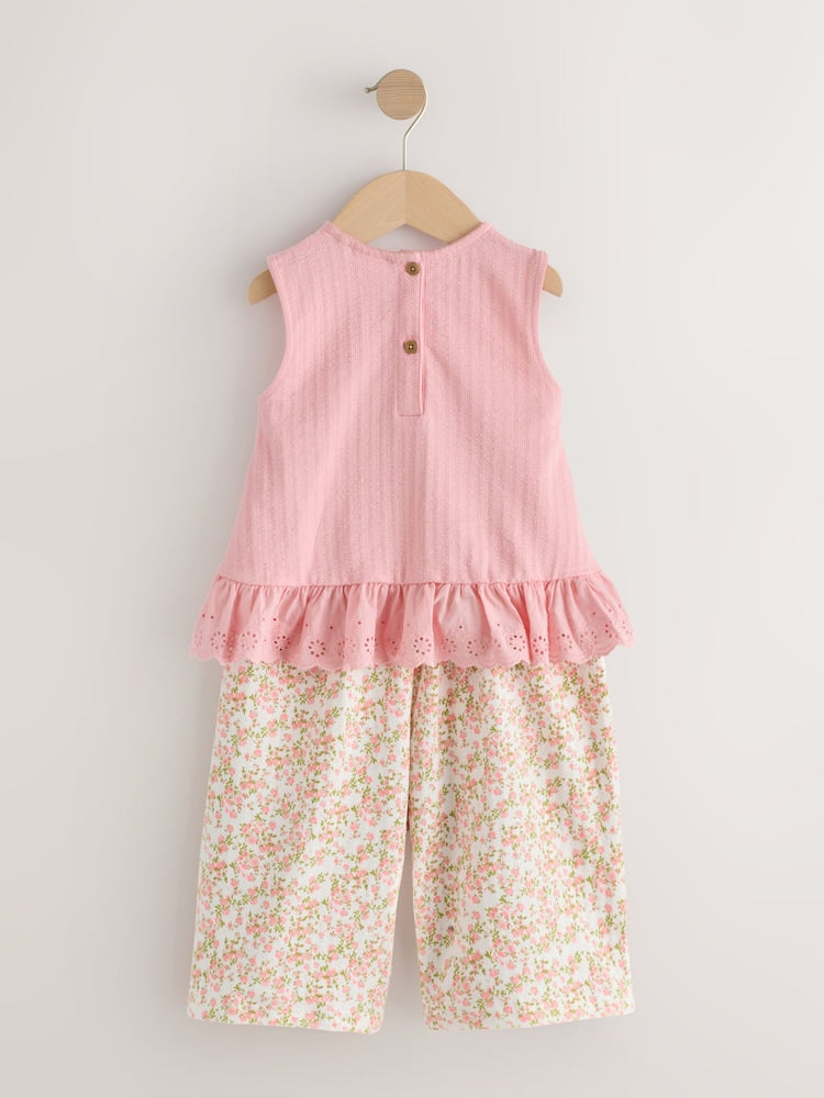 Pink Flower Broiderie Vest and Wide Trousers Set (3mths-7yrs)