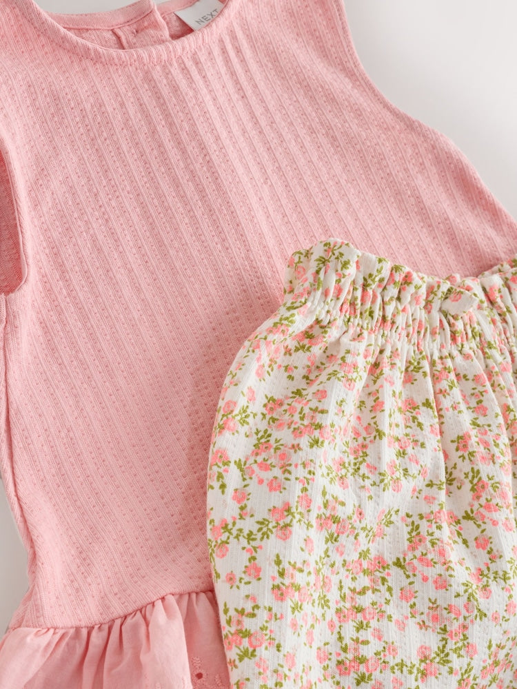 Pink Flower Broiderie Vest and Wide Trousers Set (3mths-7yrs)