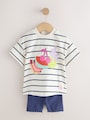 Blue/Ecru Short Sleeve T Shirt and Cycle Shorts Set (3mths-7yrs) - Size 3-6 Months (62-68cm)