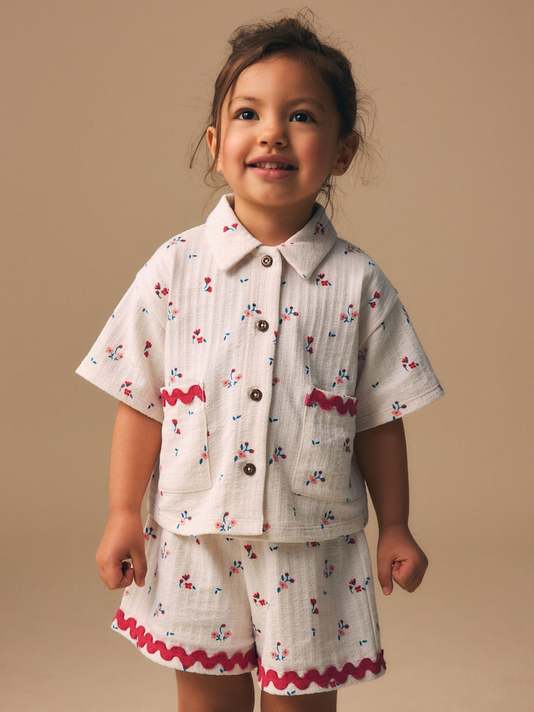 Ecru White Ditsy Flower Short Sleeve Button Shirt and Shorts Set (3mths-7yrs)