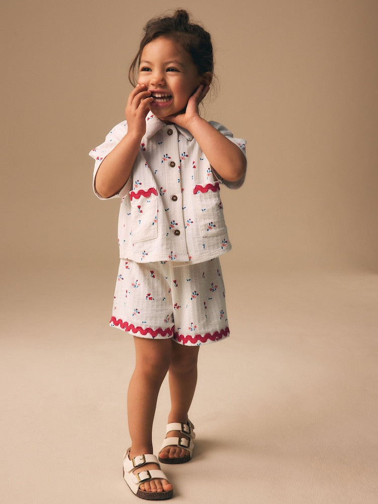 Ecru White Ditsy Flower Short Sleeve Button Shirt and Shorts Set (3mths-7yrs)